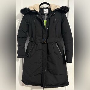 Sam Edelman Black Long Belted Parka Coat with Faux-Fur Trim & Shearling Hood